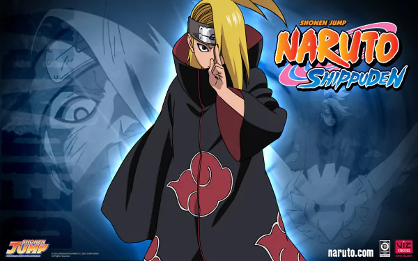 HD desktop wallpaper featuring Deidara from the anime Naruto Shippuden, with Deidara in his Akatsuki robe against a blue background, showcasing the title logo.