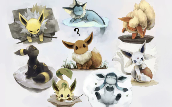 HD desktop wallpaper featuring Glaceon, Leafeon, Espeon, Umbreon, Jolteon, Flareon, Vaporeon, and Eevee from Pokémon, depicting the anime-style evolutions around Eevee in various poses.