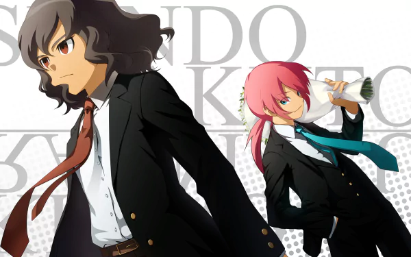 HD PC desktop wallpaper featuring two anime characters from Inazuma Eleven dressed in formal black suits with ties, set against a white background with stylized text.