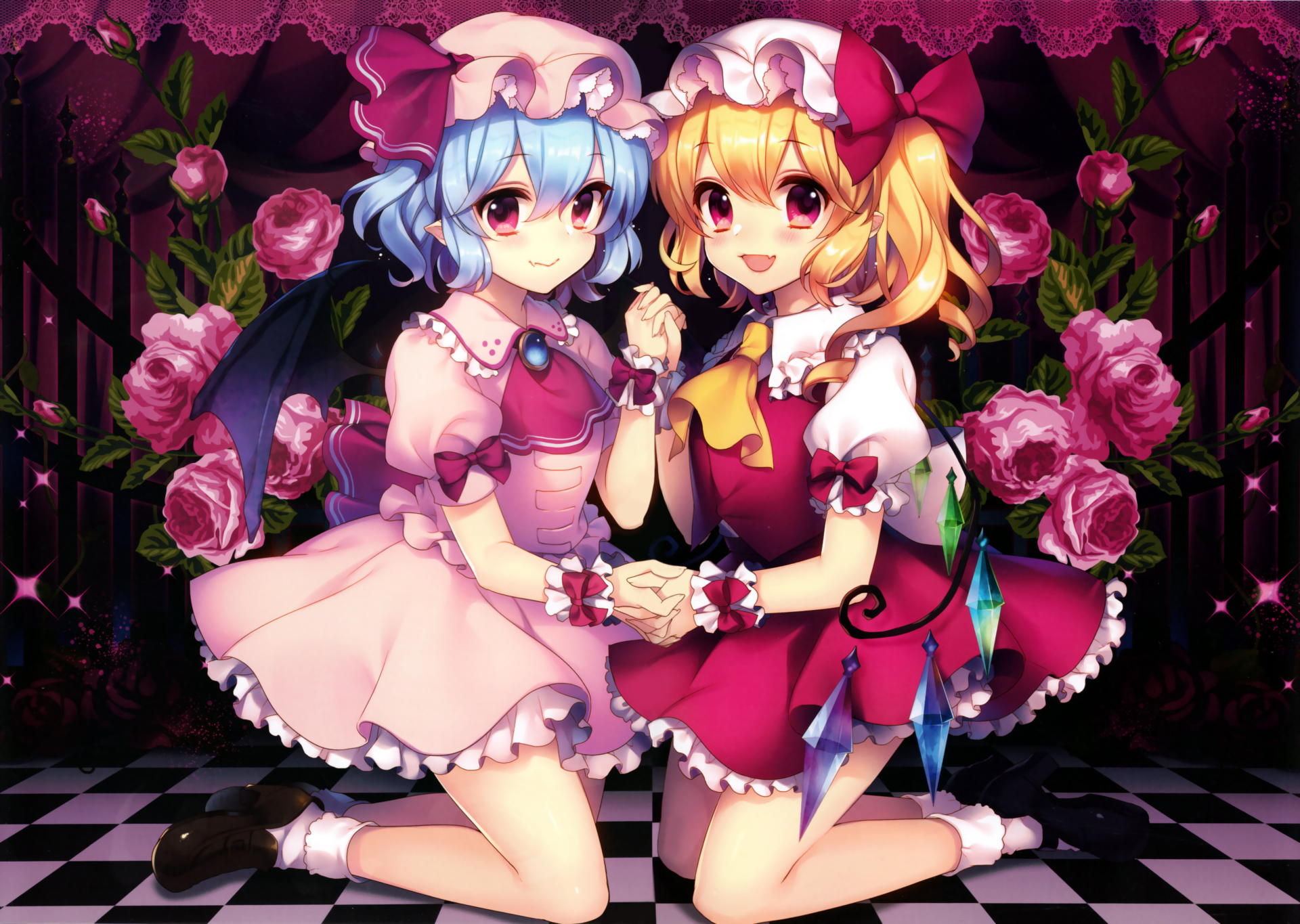 Anime wallpaper featuring Remilia and Flandre Scarlet from Touhou, with pointed ears, red eyes, and short blue and blonde hair. They wear bows and are surrounded by roses in an HD background.