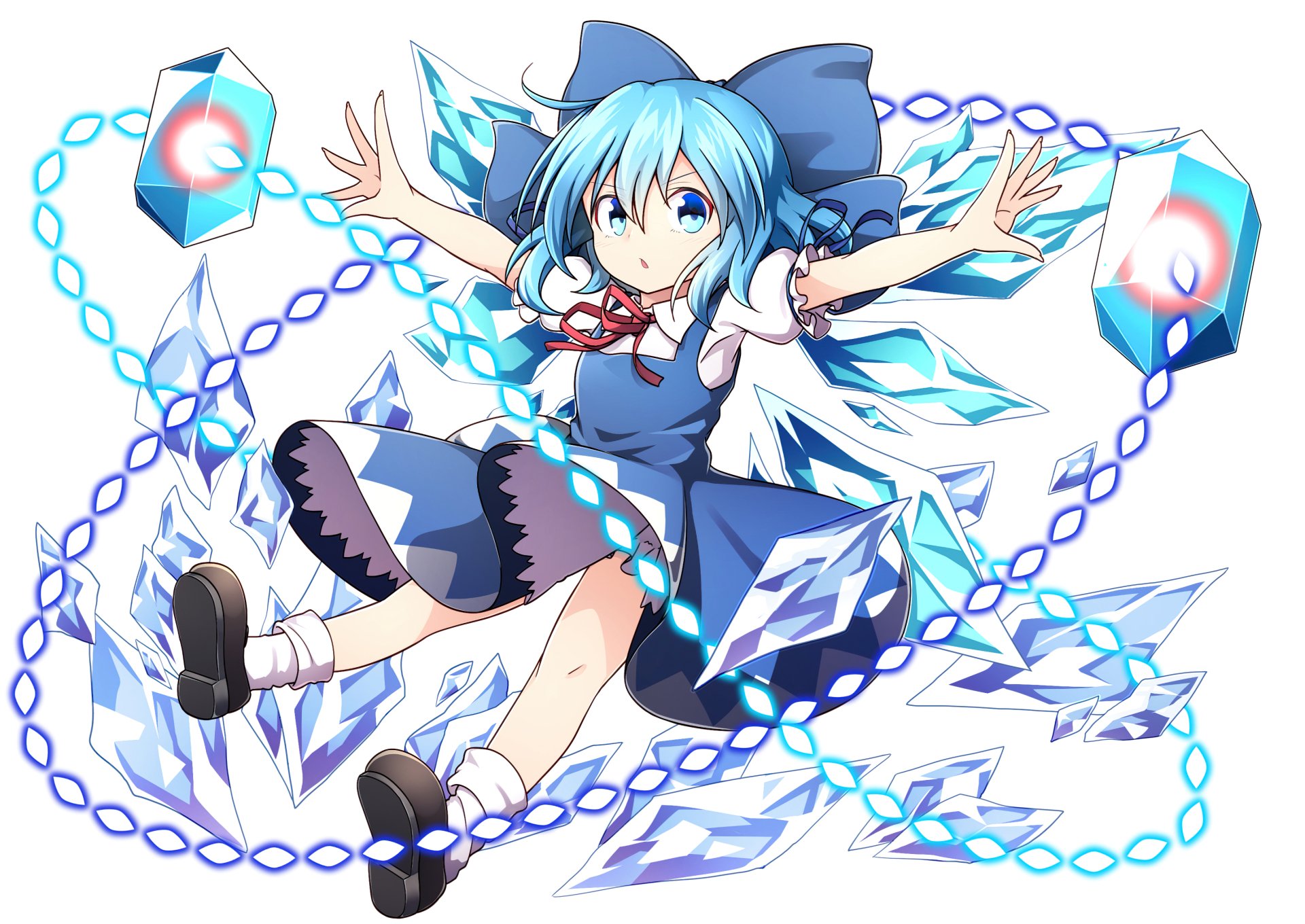 Cirno (Touhou) — anime blue-haired ice fairy with crystalline wings and floating ice shards in a playful pose; 2K Quad HD PC desktop wallpaper/background.