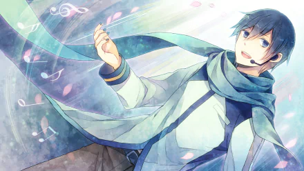 HD anime desktop wallpaper featuring Kaito from Vocaloid, surrounded by flowing scarves and musical notes in a vibrant, dynamic composition.
