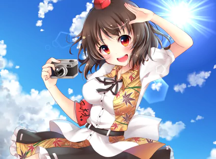 HD PC desktop wallpaper/background of Aya Shameimaru (Touhou): energetic anime reporter in a kimono-patterned outfit holding a camera, smiling and waving against a bright blue sky with clouds.