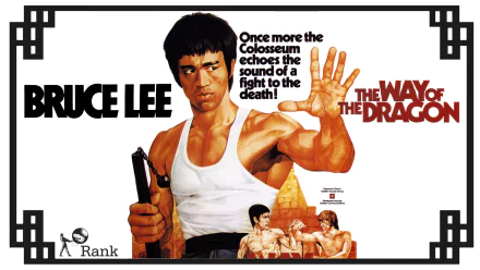 HD desktop wallpaper featuring Bruce Lee in a martial arts pose from the movie The Way of the Dragon, with bold text and iconic imagery reflecting action and intensity.