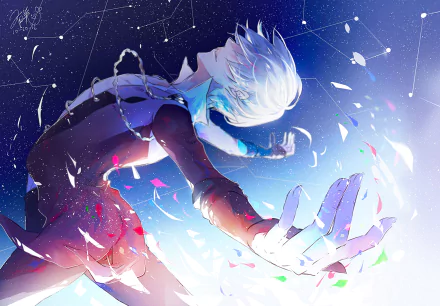 An HD desktop wallpaper featuring a stunning illustration from the anime Yuri!!! on ICE, depicting a character in a dynamic pose with vibrant colors and abstract background elements.