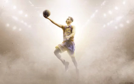 HD desktop wallpaper of a basketball player in mid-air reaching for a shot, with a glowing, dynamic backdrop.
