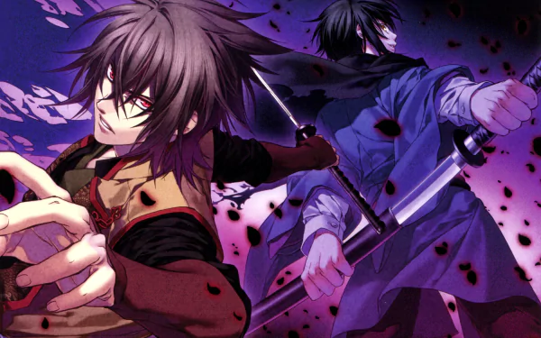 Otome Game wallpaper of Nagumo Kaoru and Okita Souji (Hakuouki Shinsengumi Kitan): two anime swordsmen in a purple, petal-strewn battle pose — 2K Quad HD PC background.