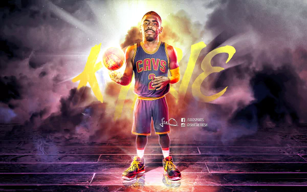HD desktop wallpaper featuring a dynamic graphic of Kyrie Irving in a Cavaliers jersey with a glowing basketball and abstract background.
