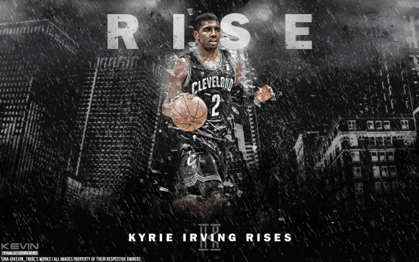 HD desktop wallpaper featuring Kyrie Irving with a basketball, themed with RISE and a gritty city backdrop.