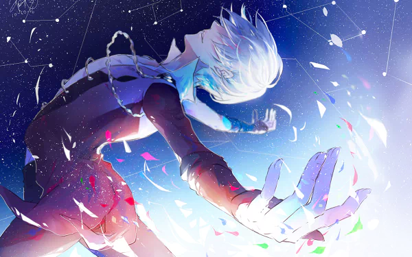 An HD desktop wallpaper featuring a stunning illustration from the anime Yuri!!! on ICE, depicting a character in a dynamic pose with vibrant colors and abstract background elements.