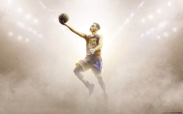 HD desktop wallpaper of a basketball player in mid-air reaching for a shot, with a glowing, dynamic backdrop.