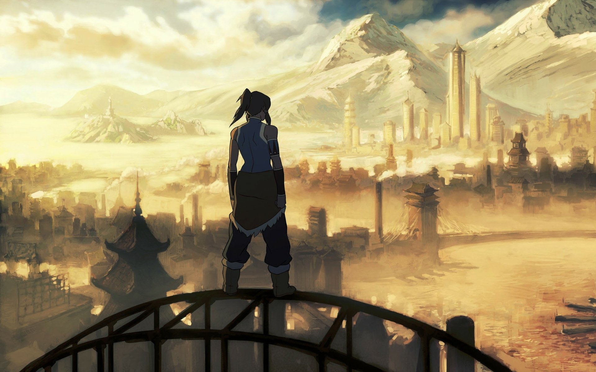 Korra from The Legend of Korra stands on a rooftop, overlooking a vast cityscape with mountains in the background; HD anime desktop wallpaper from Avatar: The Legend of Korra.