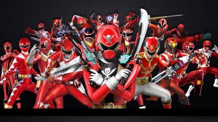 HD wallpaper featuring a dynamic array of Power Rangers in various red costumes ready for action.