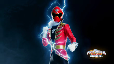 HD desktop wallpaper of the Red Ranger from Power Rangers Super Megaforce with lightning effects in the background.