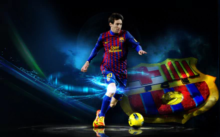 HD wallpaper of a soccer player in action on the field with a dynamic Barcelona crest backdrop.