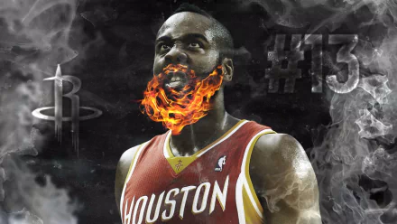HD desktop wallpaper featuring a stylized image of a basketball player in a Houston jersey with a flaming beard, representing intensity and energy.