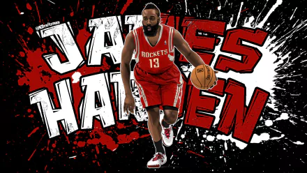 HD desktop wallpaper featuring a dynamic graphic of a basketball player with the text James Harden and the Houston Rockets theme.