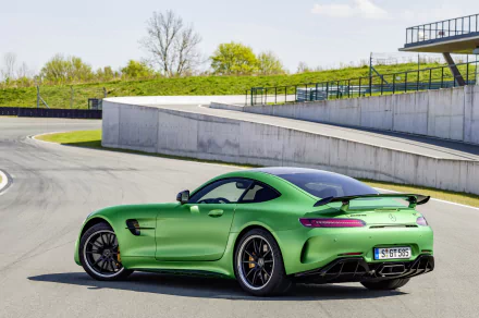 HD wallpaper featuring a green Mercedes-AMG GT on a racetrack, showcasing its sleek design and powerful stance against a backdrop of greenery and modern structures.