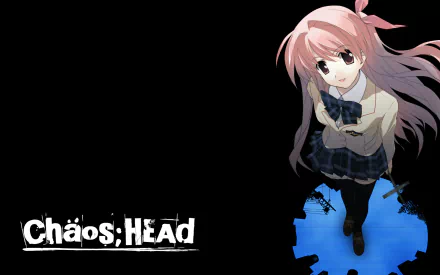 HD PC desktop wallpaper featuring an anime-style girl from Chaos;Head with pink hair, standing on a blue gear shape against a black background.