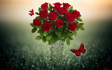HD desktop wallpaper featuring a vase of vibrant red roses with two red butterflies, creating an artistic and serene floral scene.