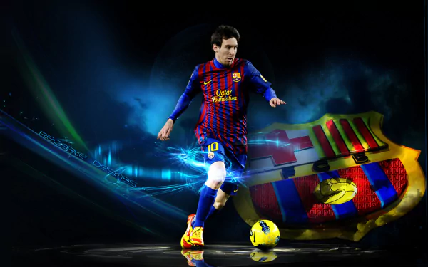 HD wallpaper of a soccer player in action on the field with a dynamic Barcelona crest backdrop.