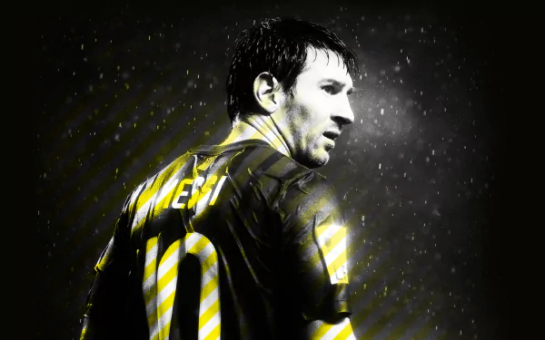 HD desktop wallpaper of Lionel Messi in a stylized yellow and black kit against a dark, starry background.