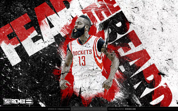 James Harden in a Rockets jersey with FEAR THE BEARD text, in a stylized HD desktop wallpaper.