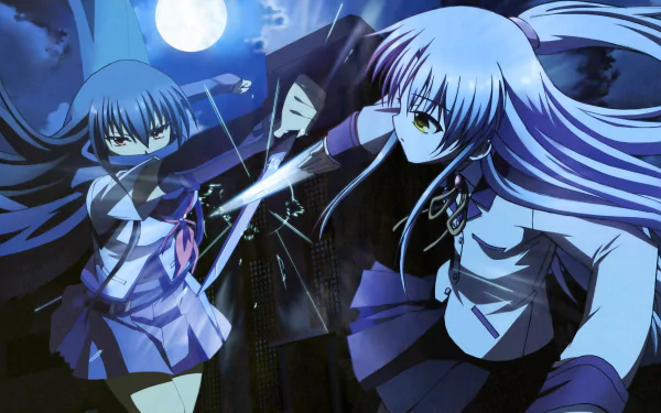 HD desktop wallpaper featuring Eri Shiina and Kanade Tachibana from the anime Angel Beats! in a dynamic nighttime battle scene under the moonlight.
