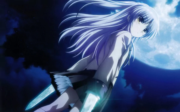 HD desktop wallpaper featuring Kanade Tachibana from the anime Angel Beats!, with a moonlit night sky background.