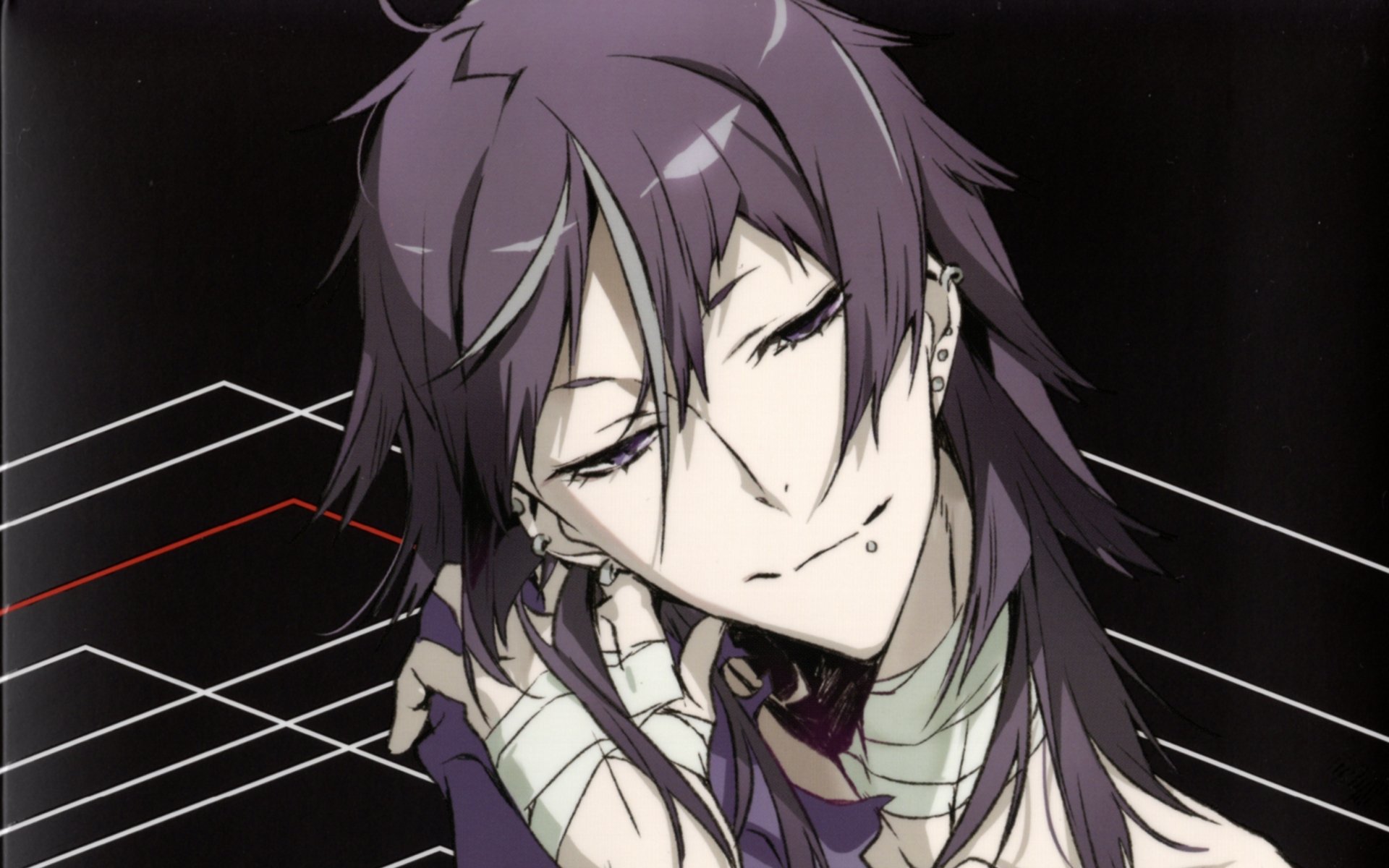 HD anime wallpaper featuring a character from Kiznaiver with purple hair and a contemplative expression against a dark background with geometric white and red lines.