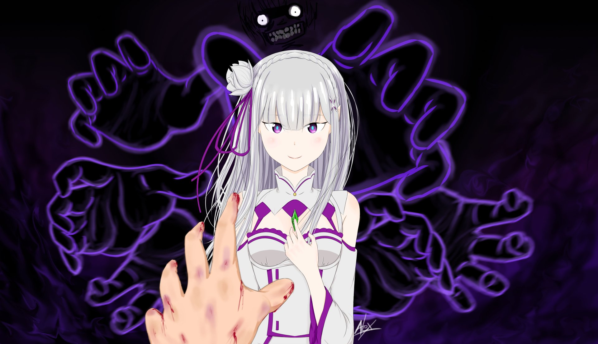 5K Ultra HD PC wallpaper of Emilia (Re:ZERO) — Re:Zero - Starting Life in Another World: silver-haired Emilia in white-purple outfit, a hand reaching toward her, purple shadow hands looming on black.