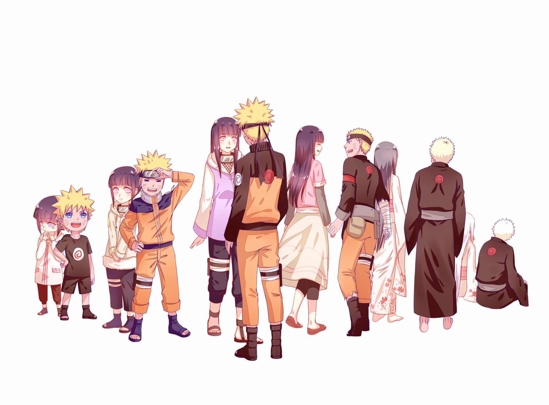 HD desktop wallpaper featuring Naruto Uzumaki and Hinata Hyuga in various stages of their lives. Anime style from the series Naruto. Clean white background.