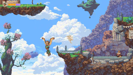 HD desktop wallpaper featuring a scene from Owlboy with the character soaring through a vibrant sky with floating islands and flora.