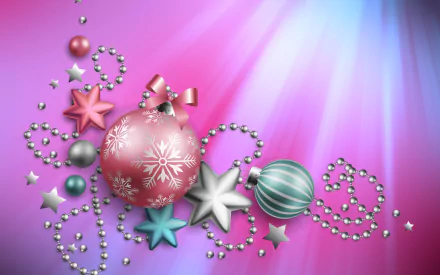 HD PC desktop wallpaper featuring pink Christmas ornaments, silver stars, and bead garlands against a radiant pink and blue holiday background.