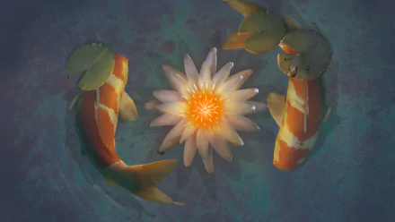 HD desktop wallpaper featuring two vibrant koi fish swimming around a glowing water lily in a serene pond.