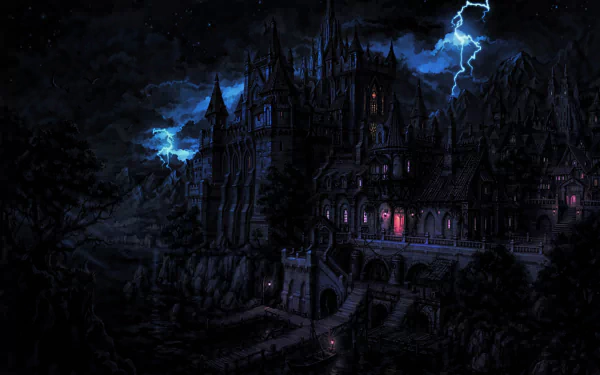 Dark fantasy Dracula's castle with jagged gothic spires and glowing windows under lightning, 2K Quad HD PC desktop wallpaper background.