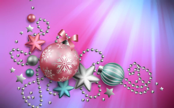 HD PC desktop wallpaper featuring pink Christmas ornaments, silver stars, and bead garlands against a radiant pink and blue holiday background.