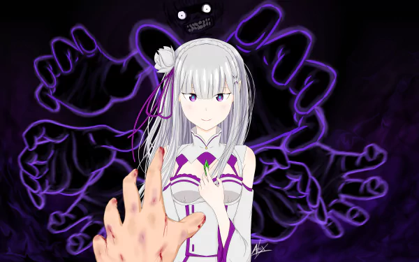 5K Ultra HD PC wallpaper of Emilia (Re:ZERO) — Re:Zero - Starting Life in Another World: silver-haired Emilia in white-purple outfit, a hand reaching toward her, purple shadow hands looming on black.