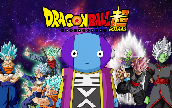 HD desktop wallpaper of Dragon Ball Super featuring characters like Super Saiyan Blue Vegito and Vegeta, Goku Black, Zamasu, and Zeno against a cosmic background with the Dragon Ball Super logo.