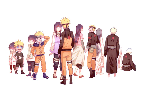 HD desktop wallpaper featuring Naruto Uzumaki and Hinata Hyuga in various stages of their lives. Anime style from the series Naruto. Clean white background.