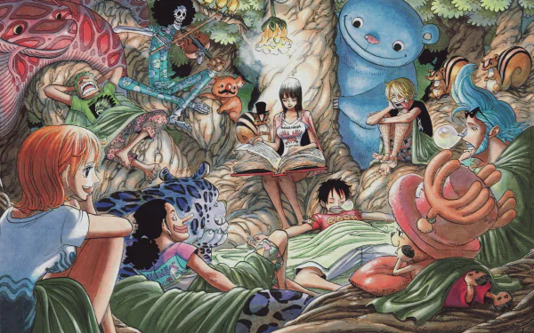 A cozy scene featuring characters from One Piece, including Usopp, Franky, Brook, Tony Tony Chopper, Sanji, Roronoa Zoro, Monkey D. Luffy, Nico Robin, and Nami. The vibrant anime wallpaper is full of charm.