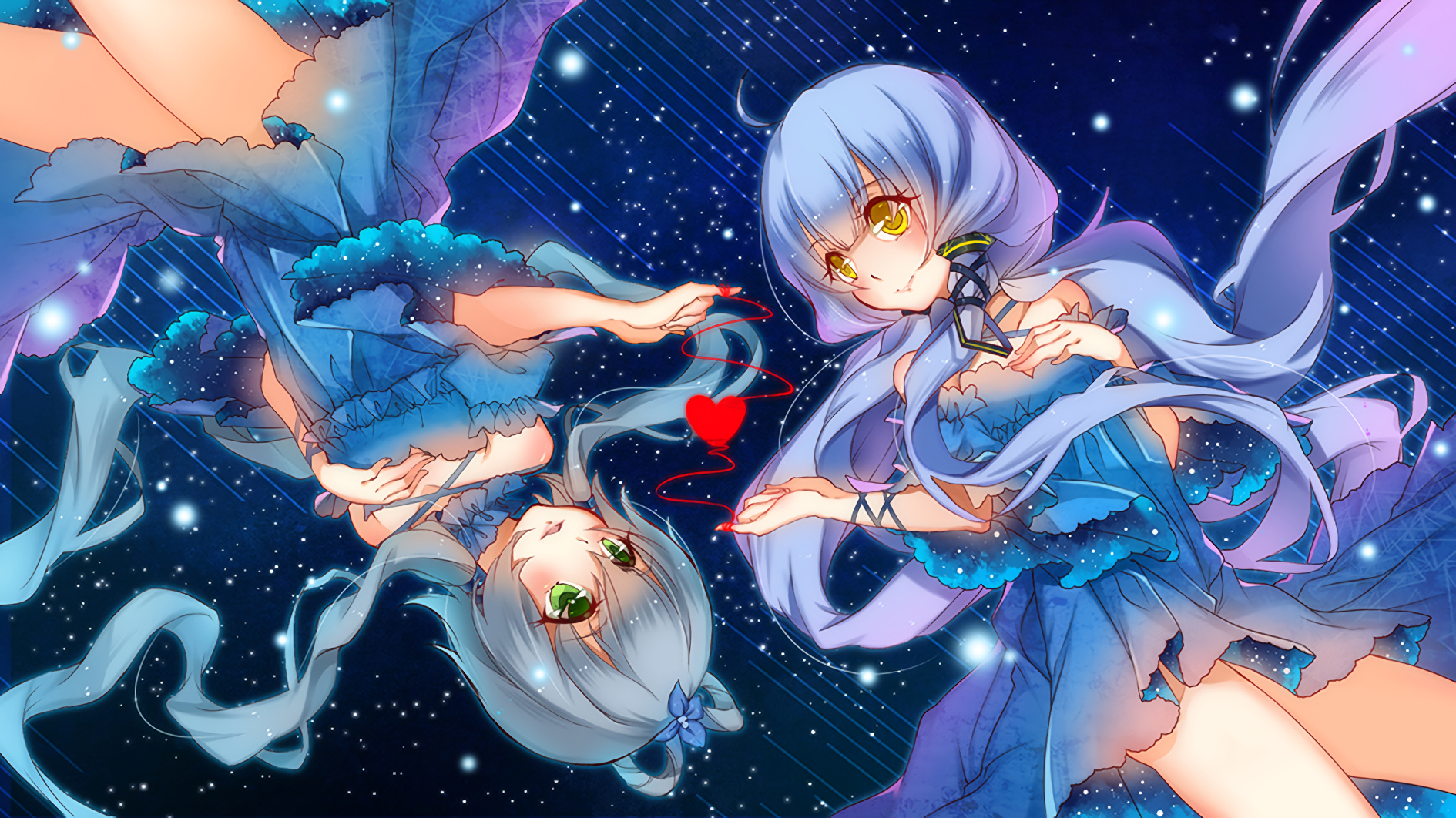 Anime-style HD desktop wallpaper featuring Vocaloid characters Luo Tianyi and Stardust floating in a starry cosmic background with vibrant blue and purple hues.