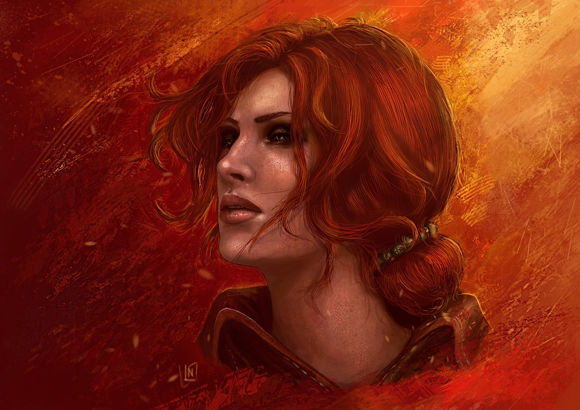 HD desktop wallpaper of Triss Merigold from the video game The Witcher 3: Wild Hunt. The artwork showcases Triss with a vibrant red and orange background.