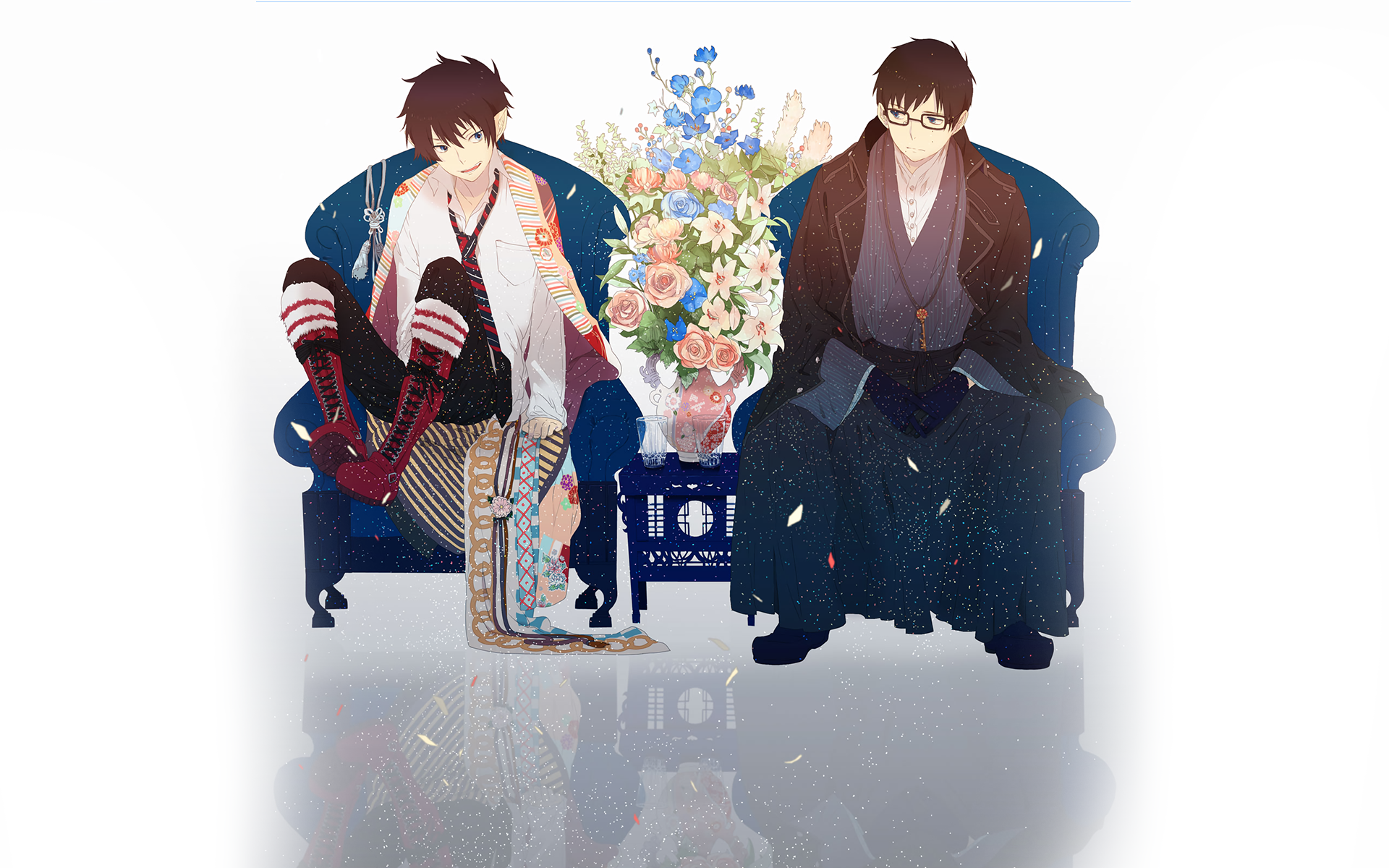 HD anime desktop wallpaper featuring Rin Okumura and Yukio Okumura from Blue Exorcist, seated with a floral arrangement between them.