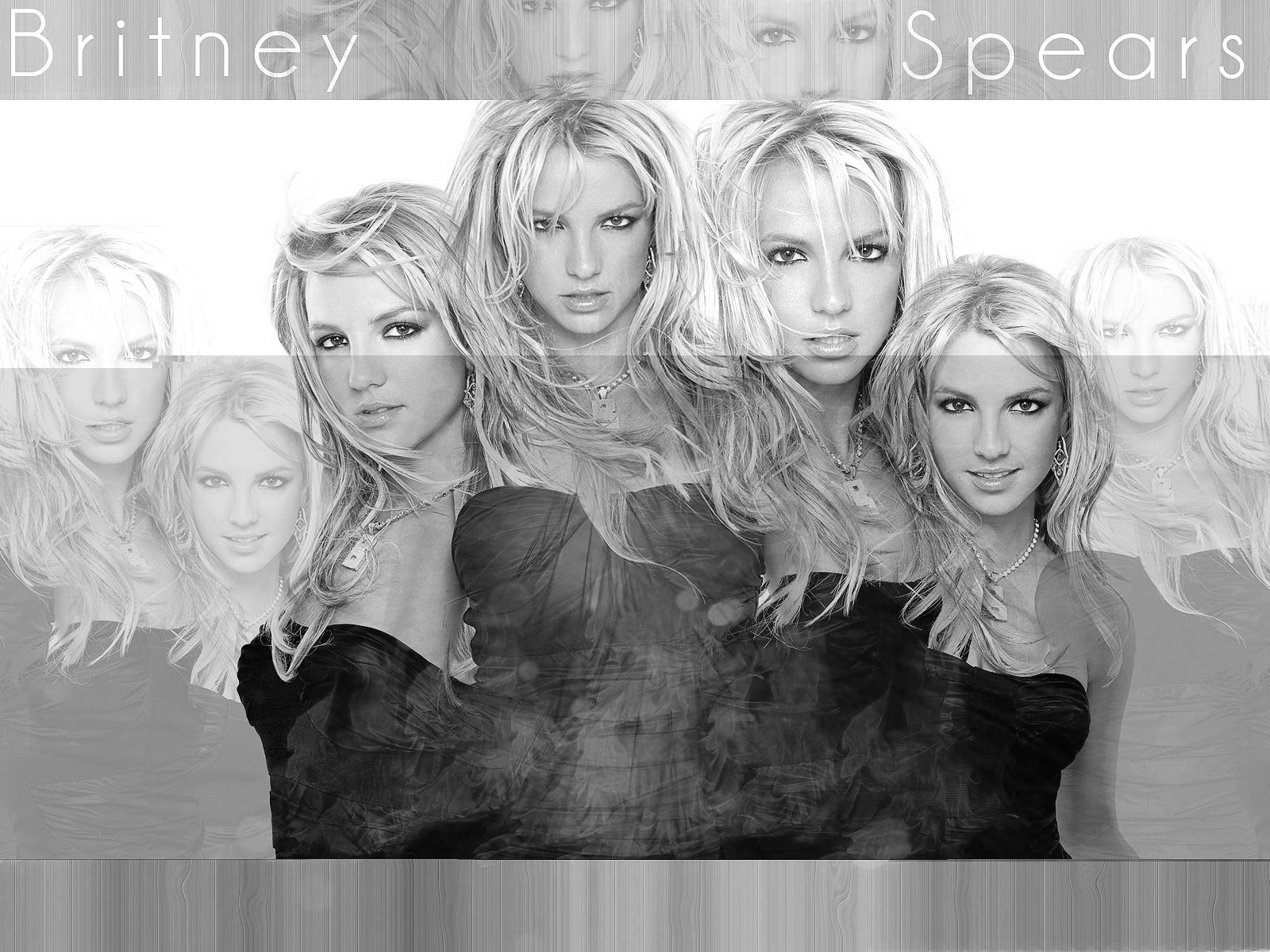 Black-and-white HD PC desktop wallpaper of a layered pop music singer portrait montage, multiple faded figures with a central stylized head and smoky, high-contrast music-themed background.