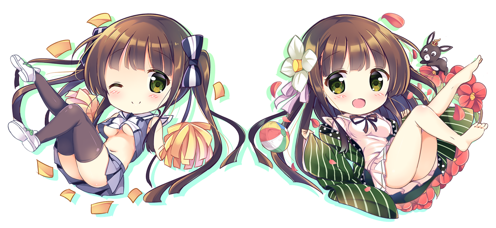 HD PC desktop wallpaper featuring chibi-style characters from the anime Is the Order a Rabbit, showcasing vibrant colors and playful expressions on a white background.