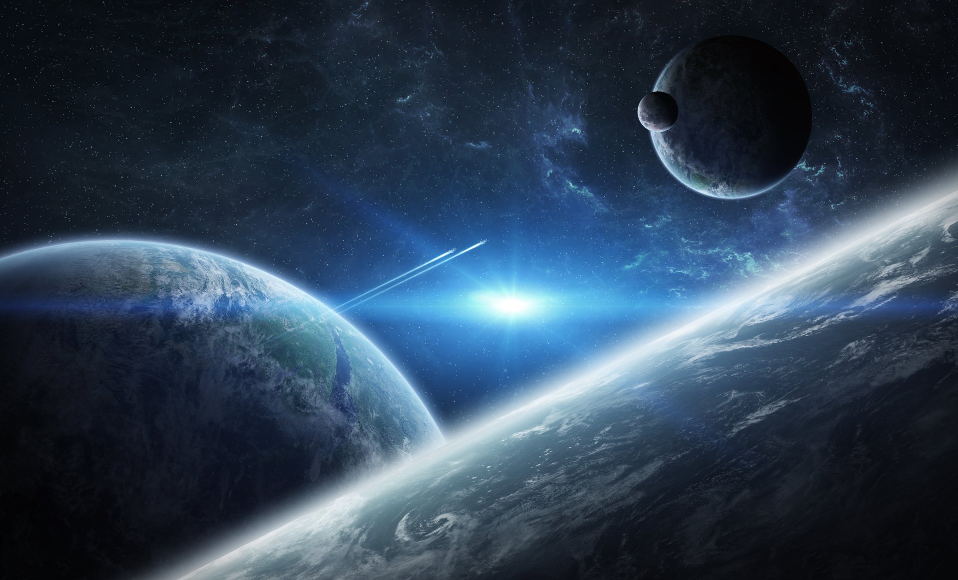 HD sci-fi desktop wallpaper featuring a stunning view of planets with a bright light source and spacecraft in deep space.