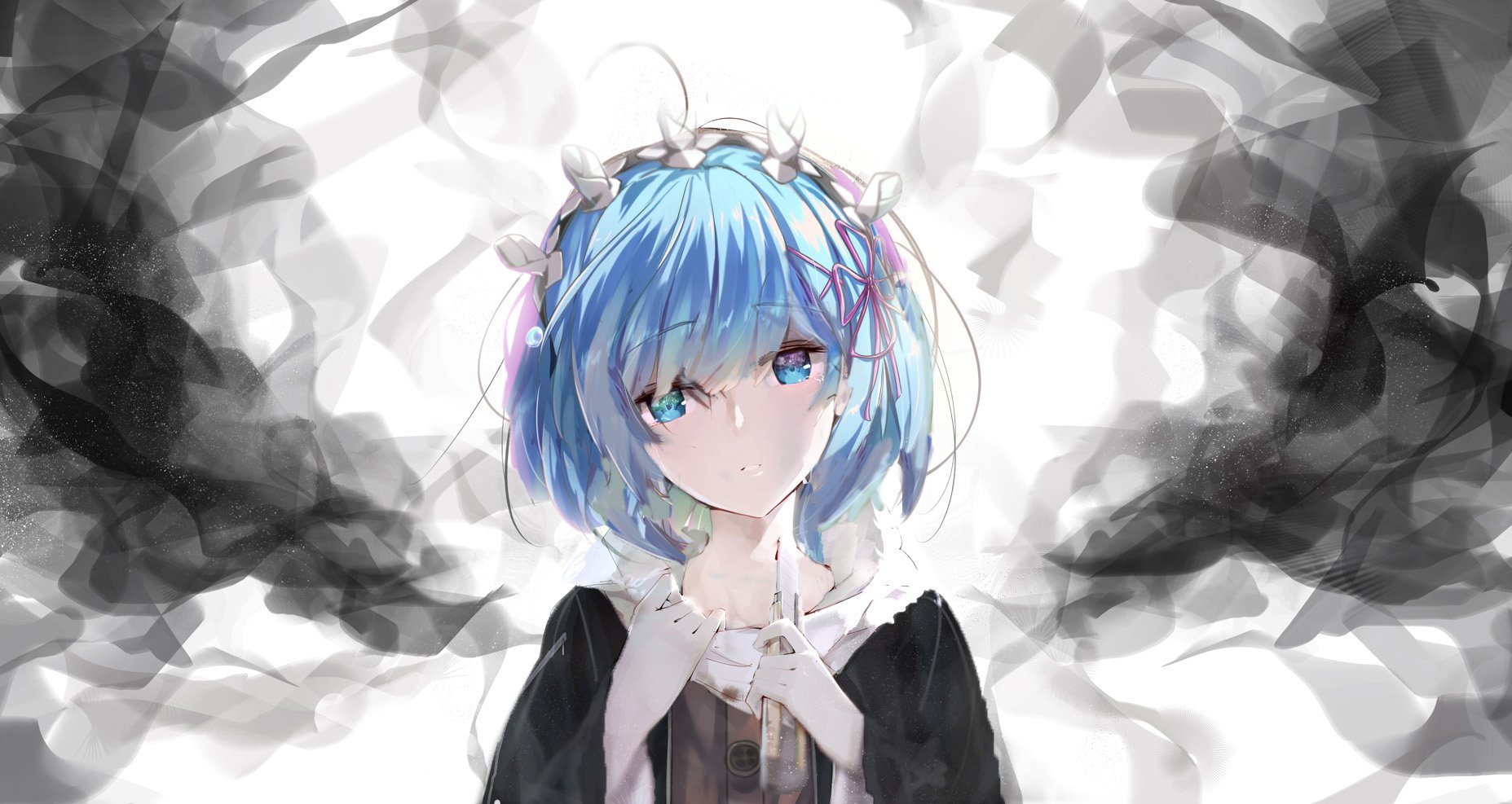 HD desktop wallpaper featuring Rem from the anime Re:Zero - Starting Life in Another World, with her blue hair and maid outfit contrasting against a smoky monochrome background.