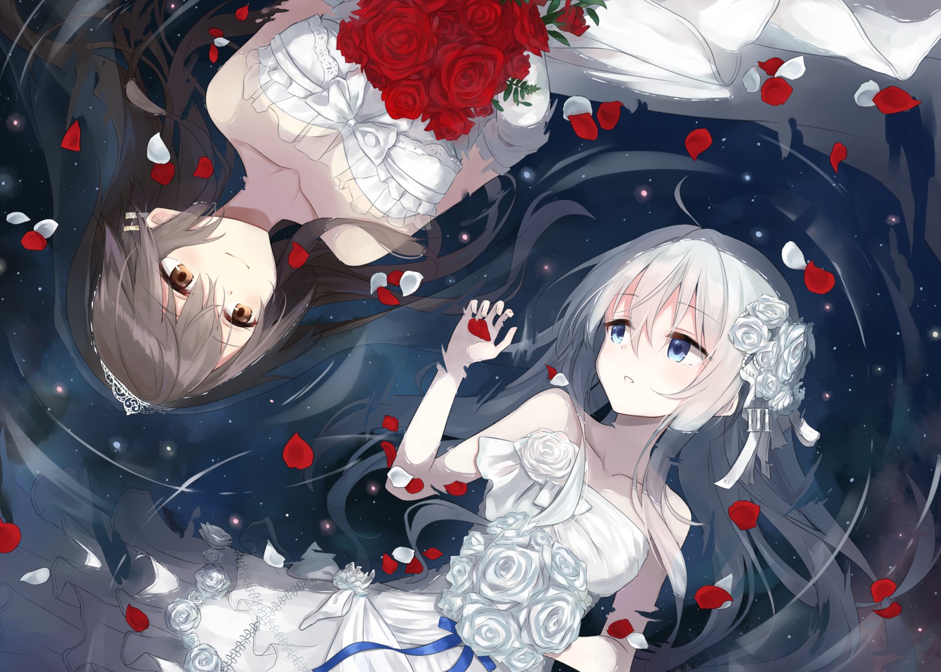 Anime-style illustration of two Kantai Collection characters in elegant white dresses surrounded by red rose petals, designed as a 4K Ultra HD PC desktop wallpaper.