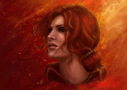 HD desktop wallpaper of Triss Merigold from the video game The Witcher 3: Wild Hunt. The artwork showcases Triss with a vibrant red and orange background.